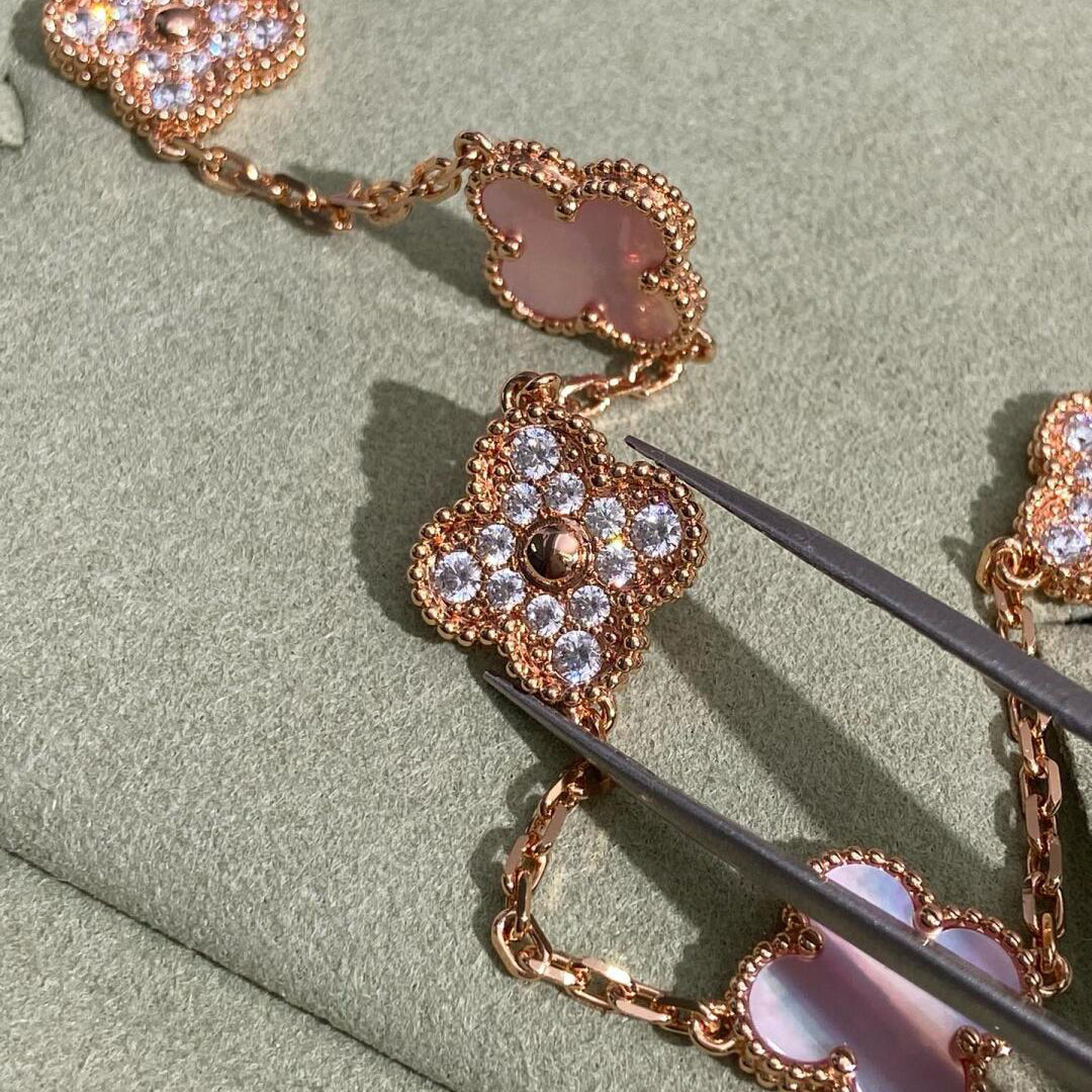[Rani Jewelry]CLOVER 10 MOTIFS DIAMOND PINK MOP NECKLACE
