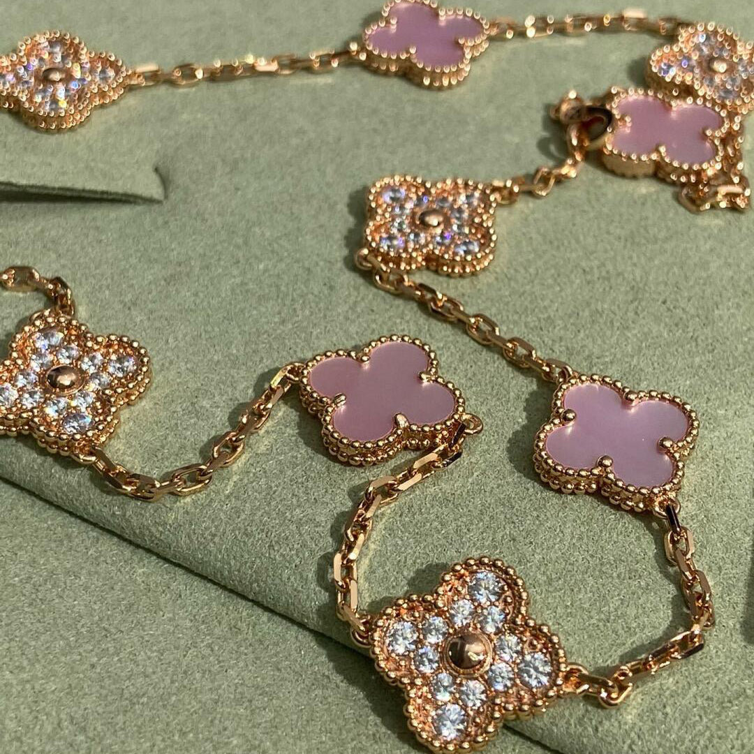 [Rani Jewelry]CLOVER 10 MOTIFS DIAMOND PINK MOP NECKLACE