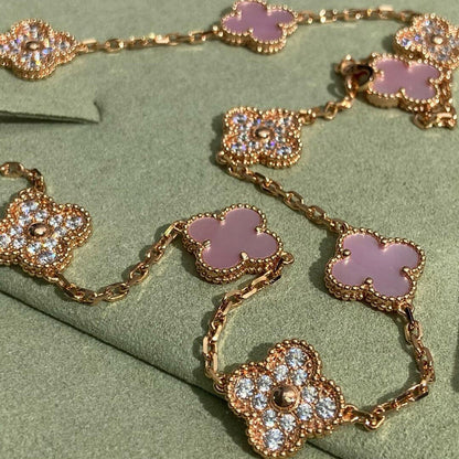 [Rani Jewelry]CLOVER 10 MOTIFS DIAMOND PINK MOP NECKLACE