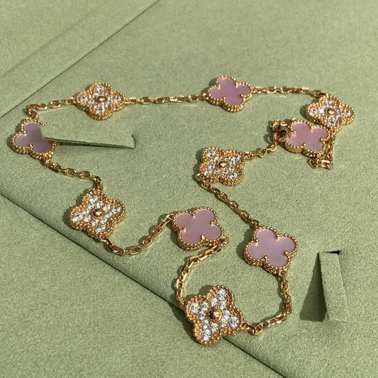 [Rani Jewelry]CLOVER 10 MOTIFS DIAMOND PINK MOP NECKLACE