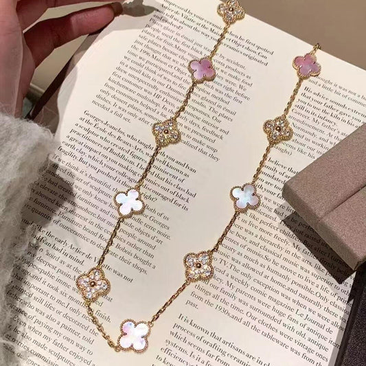 [Rani Jewelry]CLOVER 20 MOTIFS DIAMOND PINK MOP NECKLACE