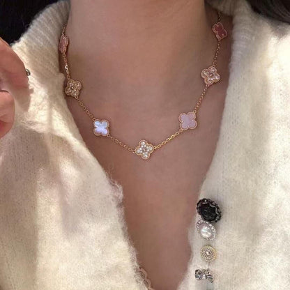 [Rani Jewelry]CLOVER 10 MOTIFS DIAMOND PINK MOP NECKLACE