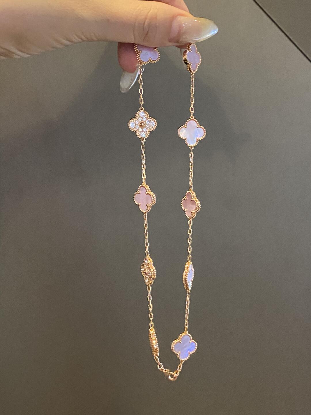 [Rani Jewelry]CLOVER 10 MOTIFS DIAMOND PINK MOP NECKLACE