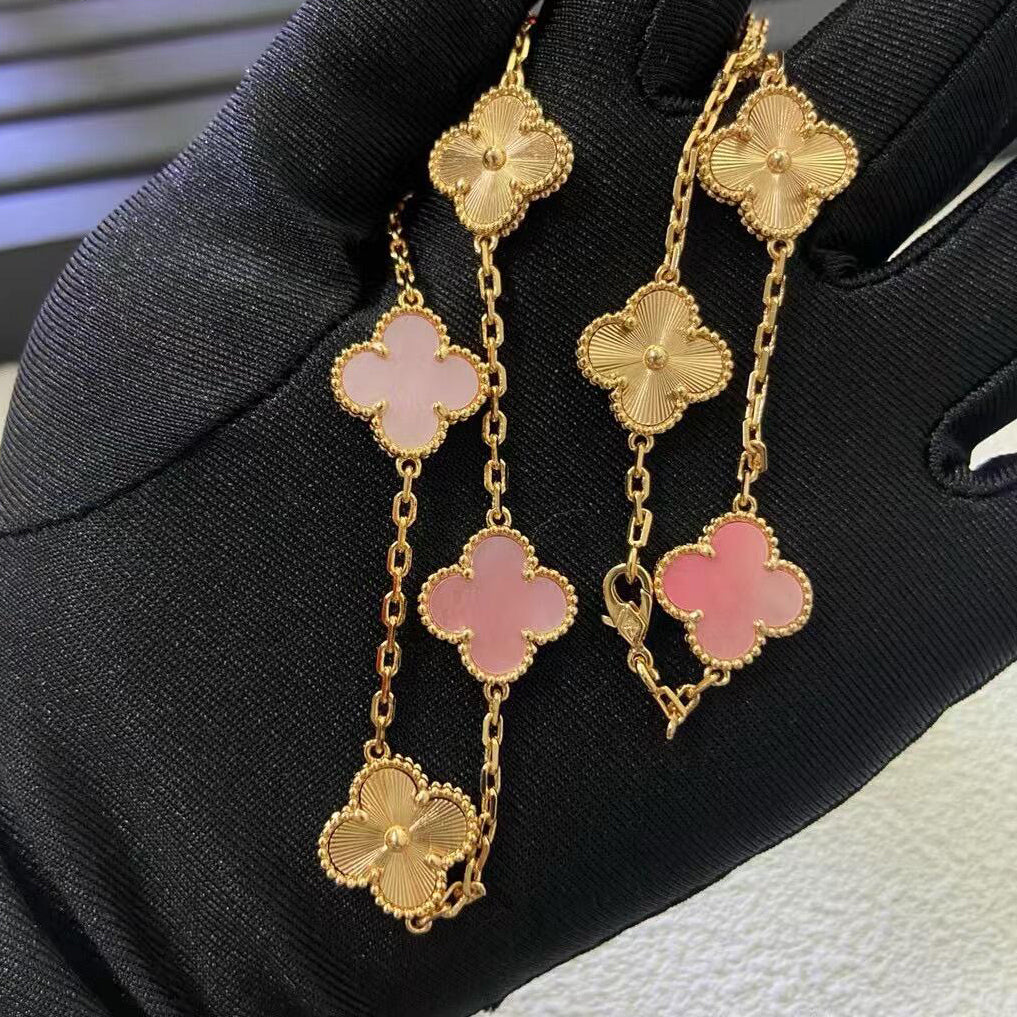 [Rani Jewelry]CLOVER 10 MOTIFS  LASER PINK MOP NECKLACE