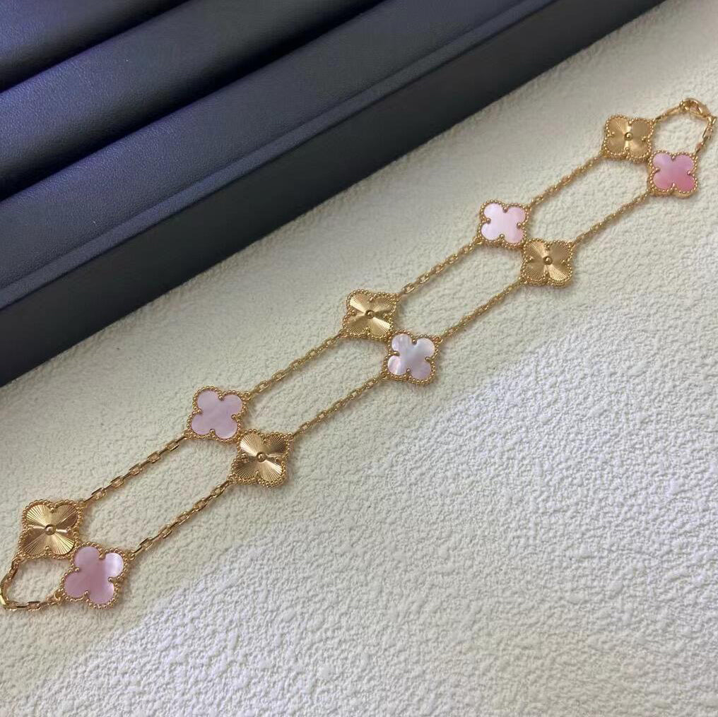 [Rani Jewelry]CLOVER 10 MOTIFS  LASER PINK MOP NECKLACE