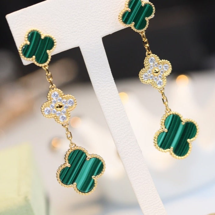 [Rani Jewelry]CLOVER EARRINGS GOLD MALACHITE DIAMOND 3 MOTIF