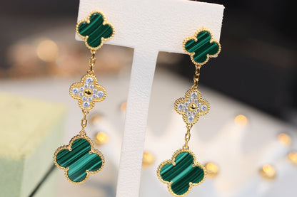 [Rani Jewelry]CLOVER EARRINGS GOLD MALACHITE DIAMOND 3 MOTIF