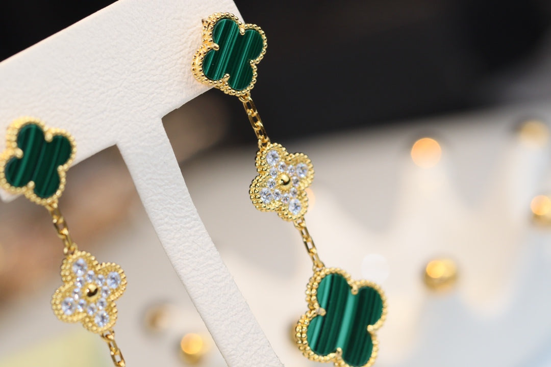 [Rani Jewelry]CLOVER EARRINGS GOLD MALACHITE DIAMOND 3 MOTIF