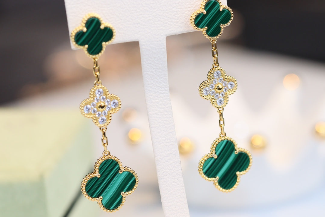[Rani Jewelry]CLOVER EARRINGS GOLD MALACHITE DIAMOND 3 MOTIF