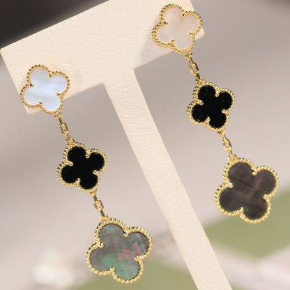 [Rani Jewelry]CLOVER EARRINGS GOLD ONYX MOP 3 MOTIF