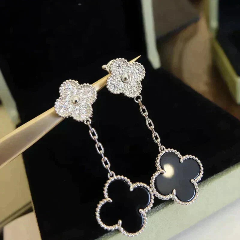 [Rani Jewelry]CLOVER 2 MOTIFS  DIAMOND ONYX EARRINGS SILVER