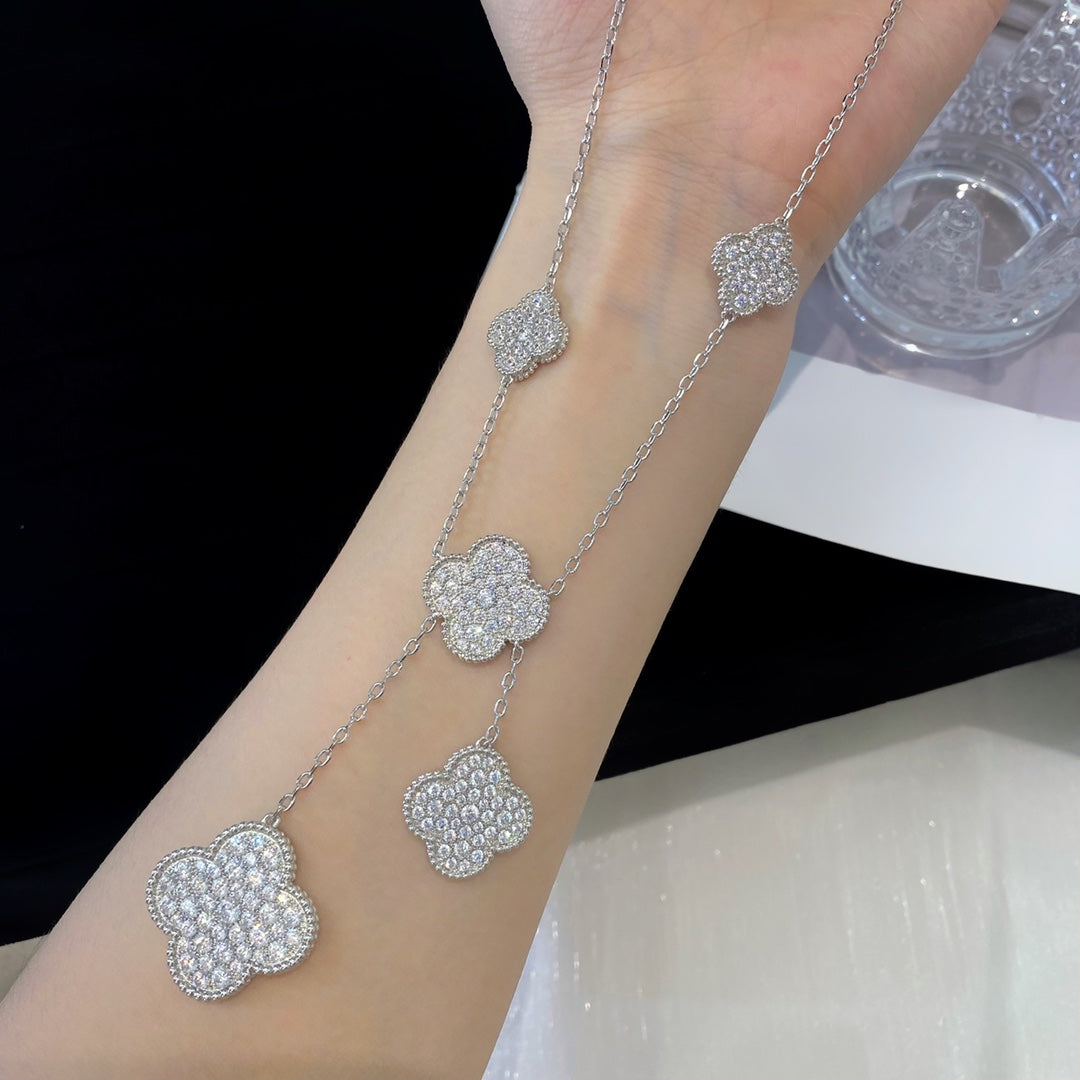 [Rani Jewelry]CLOVER 5 MOTIFS SILVER DIAMONDS NECKLACE