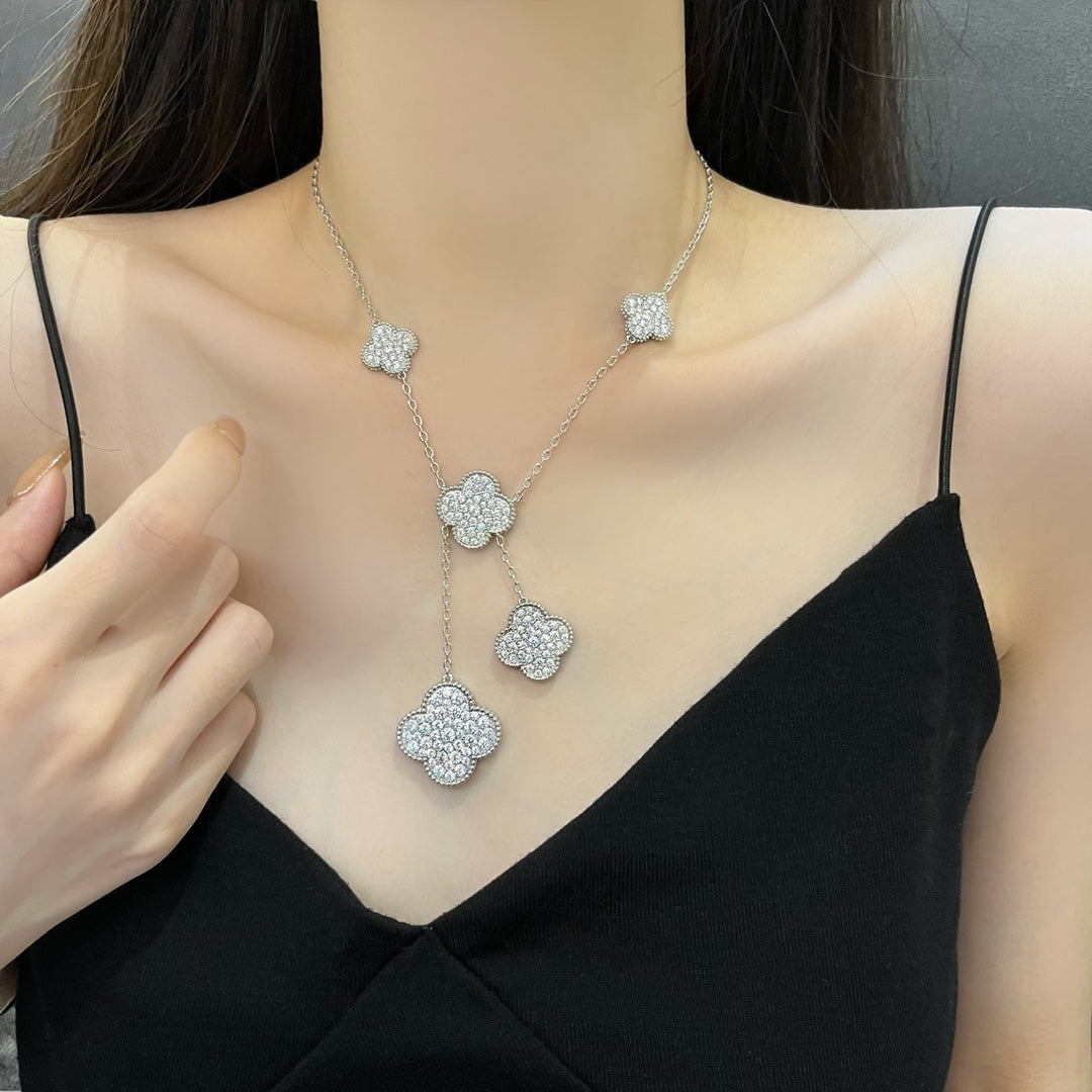 [Rani Jewelry]CLOVER 5 MOTIFS SILVER DIAMONDS NECKLACE