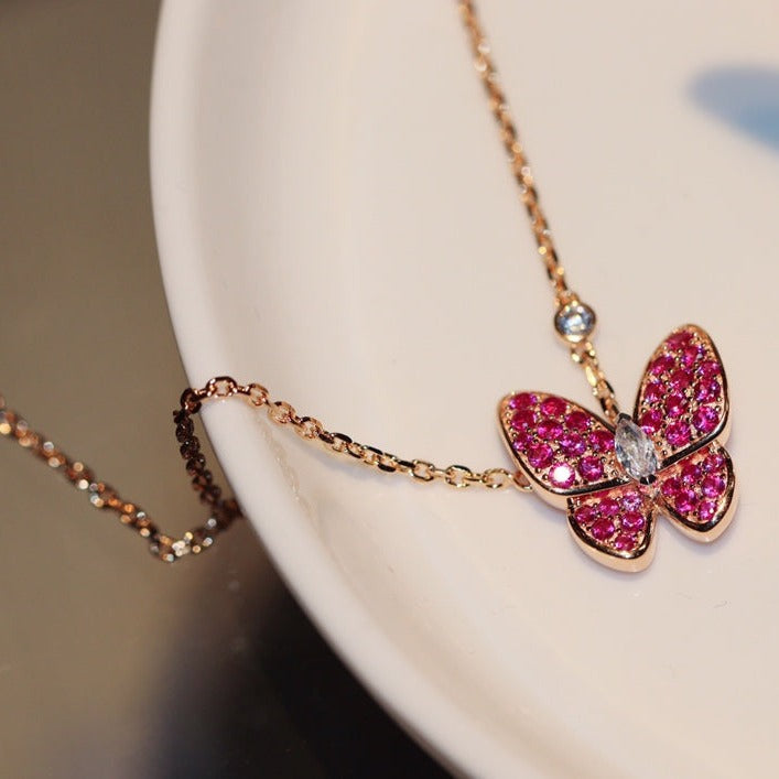 [Rani Jewelry]BUTTERFLY RED DIAMOND ROSE GOLD NECKLACE