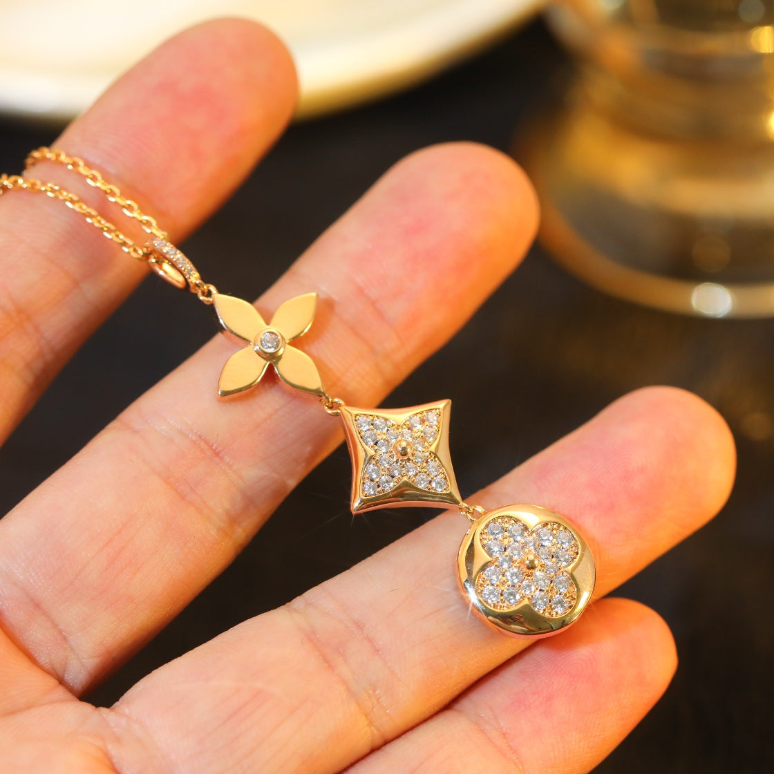 [Rani Jewelry]STAR AND SUN DIAMOND PINK GOLD NECKLACE