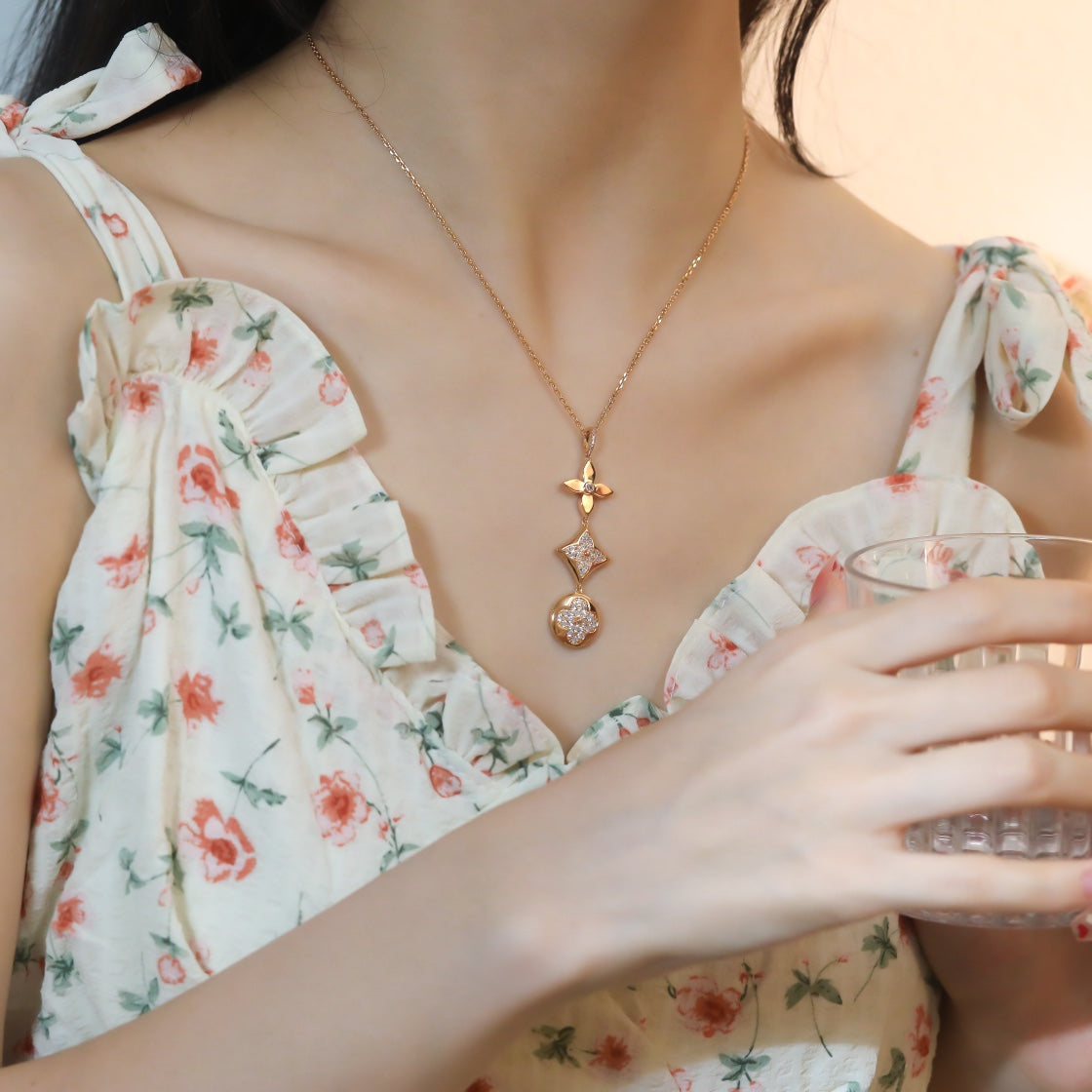 [Rani Jewelry]STAR AND SUN DIAMOND PINK GOLD NECKLACE