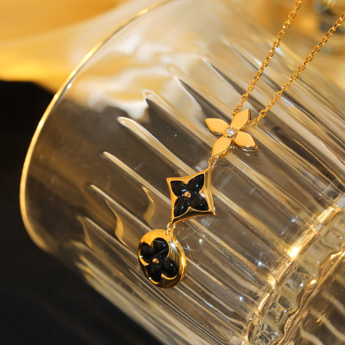 [Rani Jewelry]STAR AND SUN ONYX PINK GOLD NECKLACE