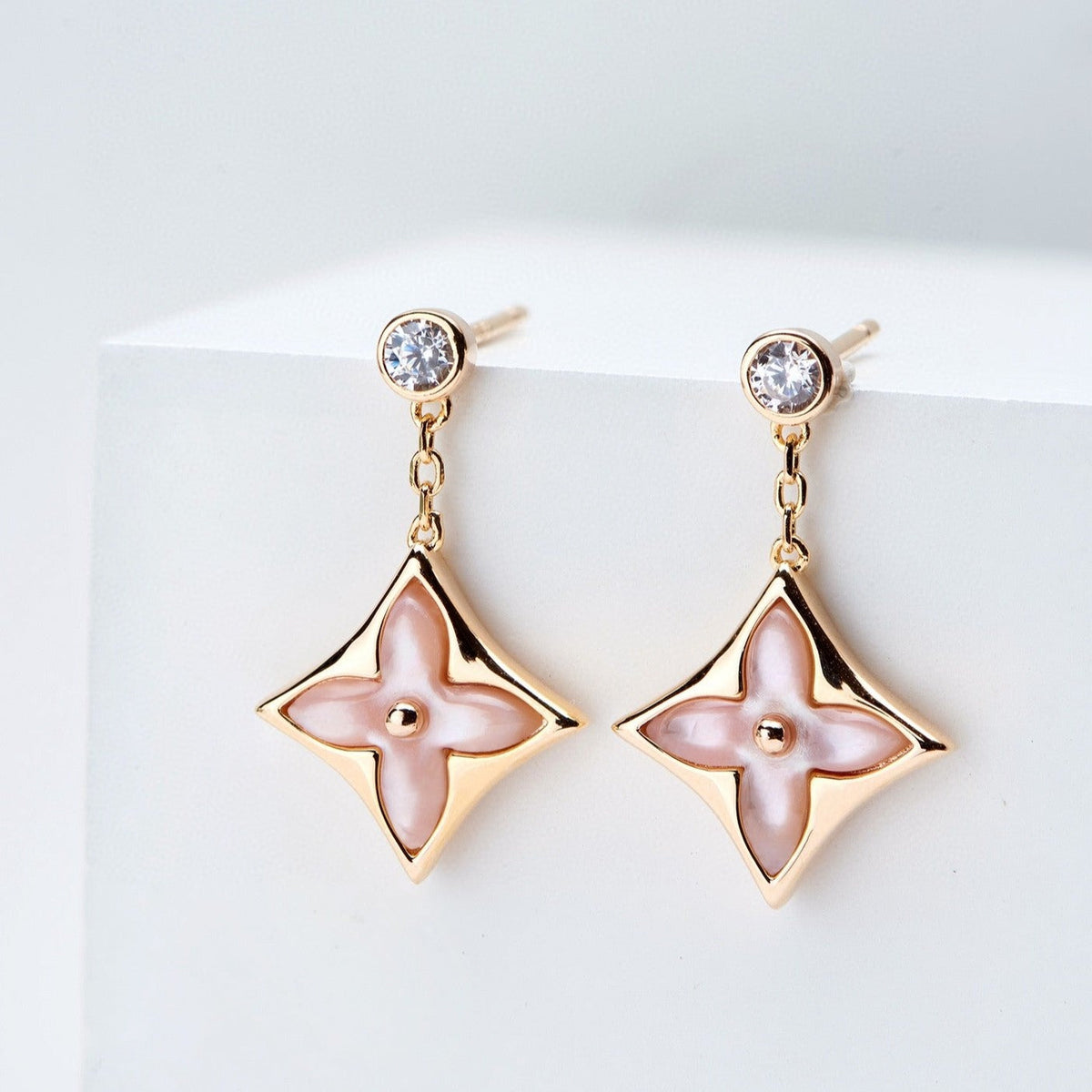[Rani Jewelry]DOUBLE STAR PINK GOLD MOP DROP EARRINGS