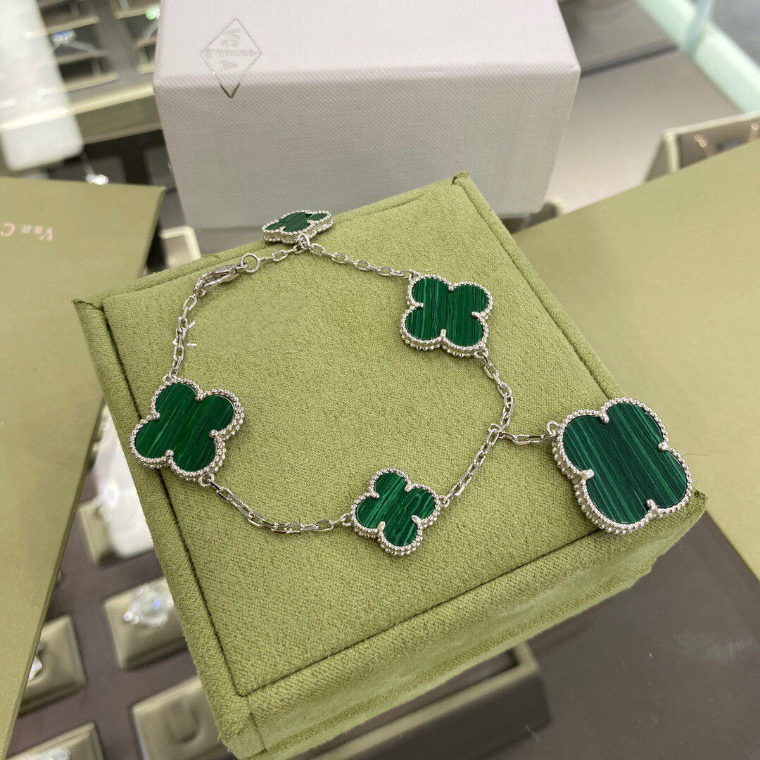 [Rani Jewelry]CLOVER 5 MOTIFS SIVLER MALACHITE BRACELET