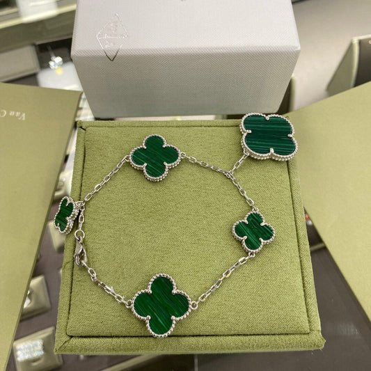 [Rani Jewelry]CLOVER 5 MOTIFS SIVLER MALACHITE BRACELET