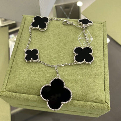 [Rani Jewelry]CLOVER 5 MOTIFS SIVLER ONYX BRACELET