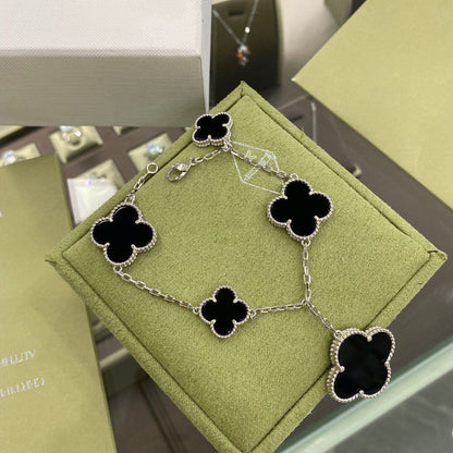 [Rani Jewelry]CLOVER 5 MOTIFS SIVLER ONYX BRACELET