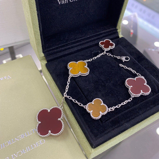 [Rani Jewelry]CLOVER 5 MOTIFS SIVLER CARNELIAN TIGER EYE BRACELET