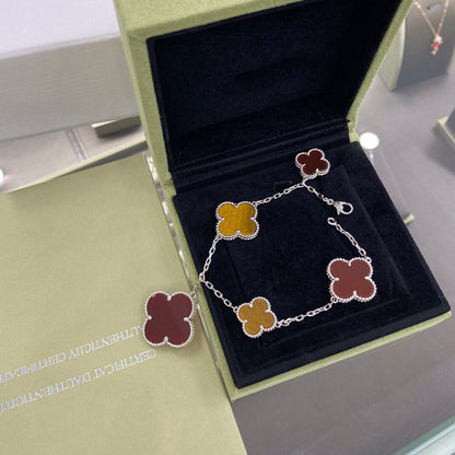 [Rani Jewelry]CLOVER 5 MOTIFS SIVLER CARNELIAN TIGER EYE BRACELET