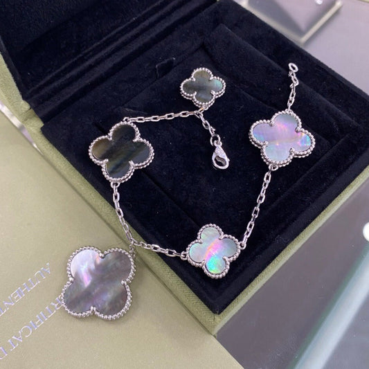 [Rani Jewelry]CLOVER 5 MOTIFS SIVLER DARK MOP BRACELET