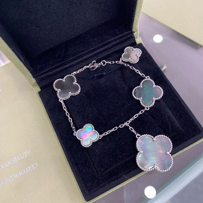 [Rani Jewelry]CLOVER 5 MOTIFS SIVLER DARK MOP BRACELET