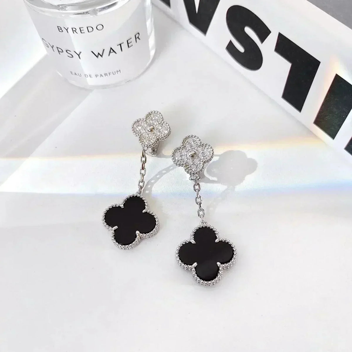 [Rani Jewelry]CLOVER 2 MOTIFS  DIAMOND ONYX EARRINGS SILVER