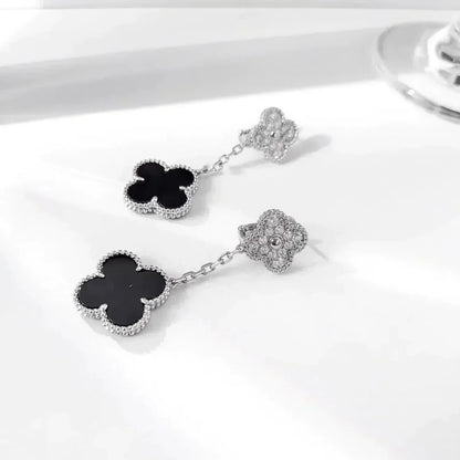[Rani Jewelry]CLOVER 2 MOTIFS  DIAMOND ONYX EARRINGS SILVER