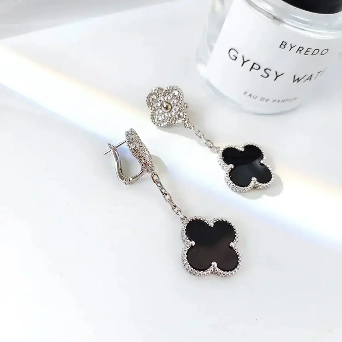 [Rani Jewelry]CLOVER 2 MOTIFS  DIAMOND ONYX EARRINGS SILVER