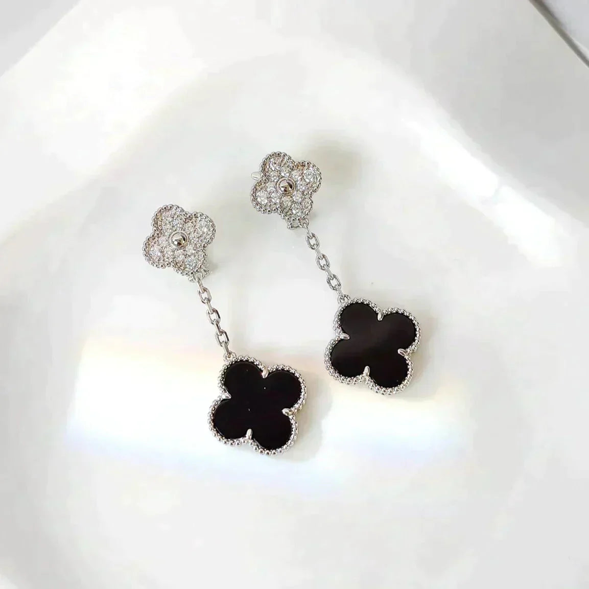 [Rani Jewelry]CLOVER 2 MOTIFS  DIAMOND ONYX EARRINGS SILVER