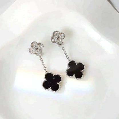 [Rani Jewelry]CLOVER 2 MOTIFS  DIAMOND ONYX EARRINGS SILVER