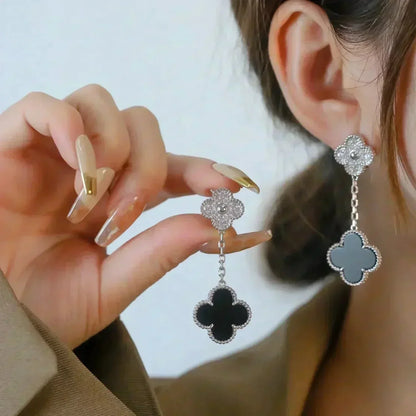 [Rani Jewelry]CLOVER 2 MOTIFS  DIAMOND ONYX EARRINGS SILVER