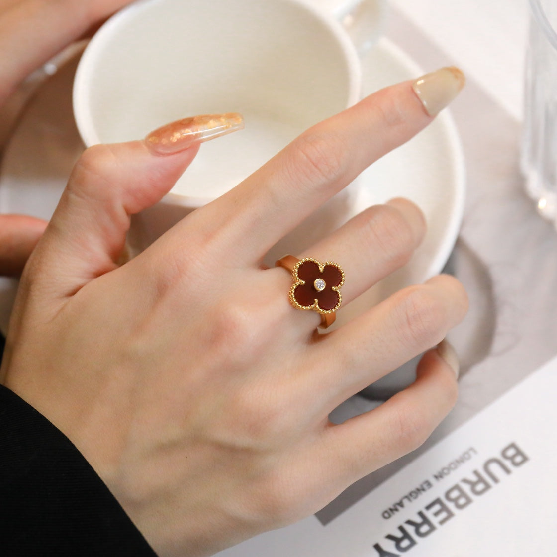 [Rani Jewelry]CLOVER CARNELIAN RING ROSE GOLD DIAMOND