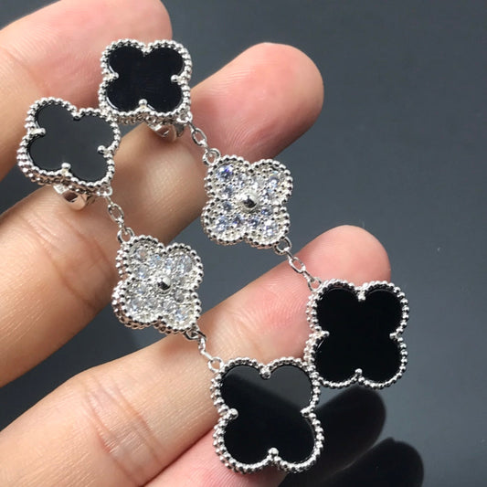[Rani Jewelry]CLOVER 3 MOTIF DIAMOND ONYX SILVER EARRINGS