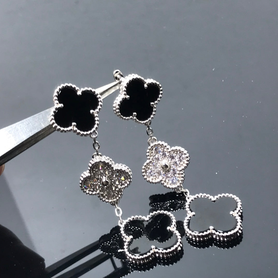 [Rani Jewelry]CLOVER 3 MOTIF DIAMOND ONYX SILVER EARRINGS