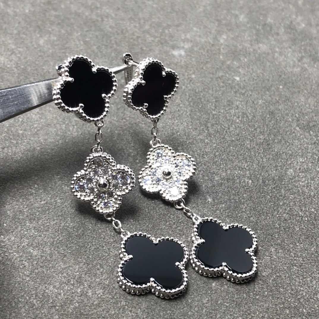 [Rani Jewelry]CLOVER 3 MOTIF DIAMOND ONYX SILVER EARRINGS