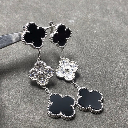 [Rani Jewelry]CLOVER 3 MOTIF DIAMOND ONYX SILVER EARRINGS