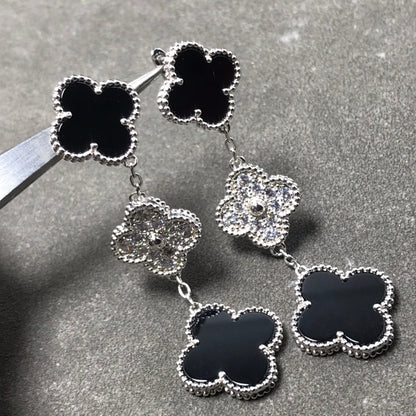 [Rani Jewelry]CLOVER 3 MOTIF DIAMOND ONYX SILVER EARRINGS