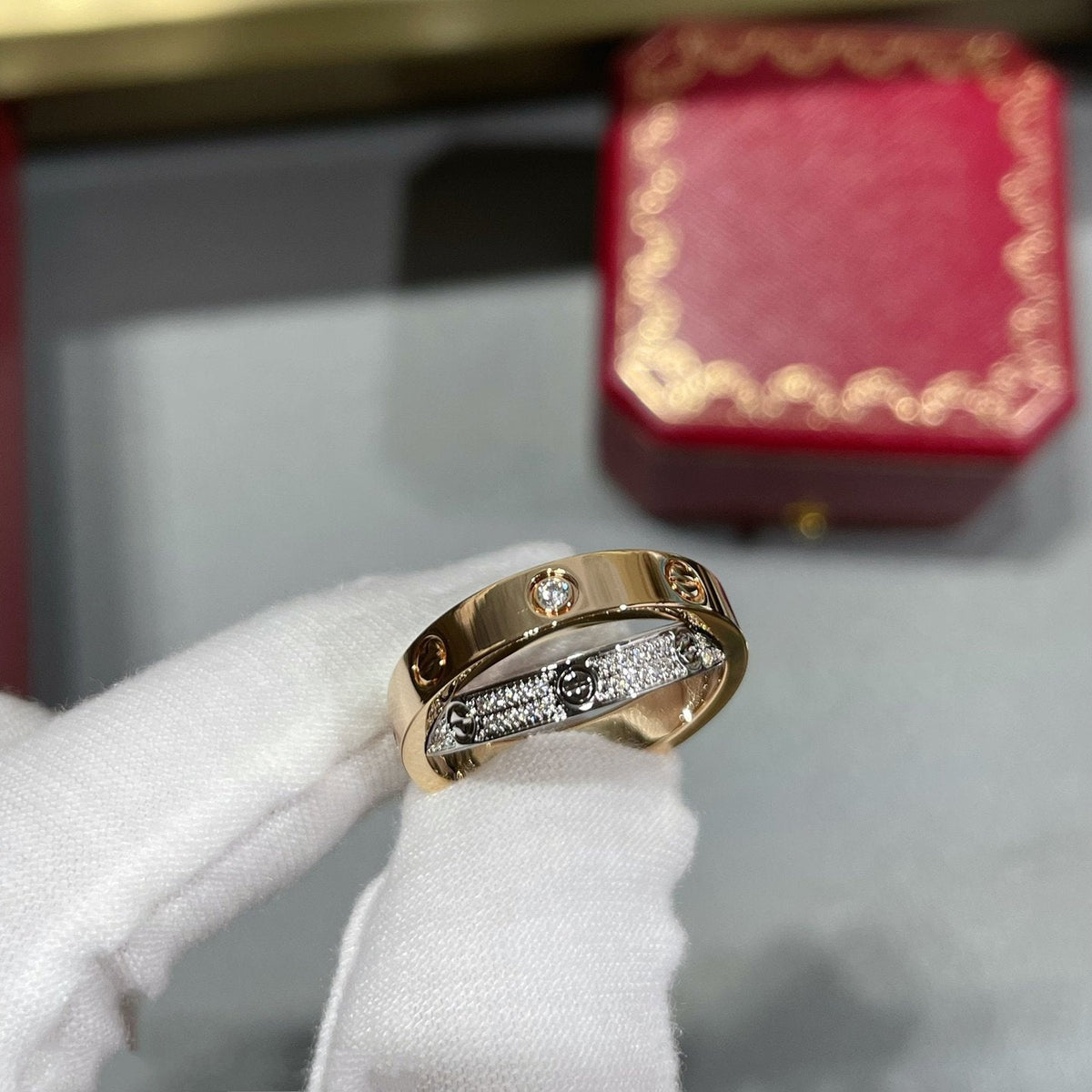 [Rani Jewelry] LOVE PINK GOLD SILVER DIAMOND DOUBLE RING