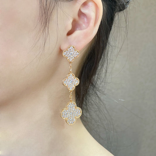 [Rani Jewelry]CLOVER 3 MOTIFS DIAMOND PAVED ROSE GOLD EARRINGS