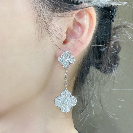 [Rani Jewelry]CLOVER 2 MOTIFS DIAMOND PAVED SILVER EARRINGS