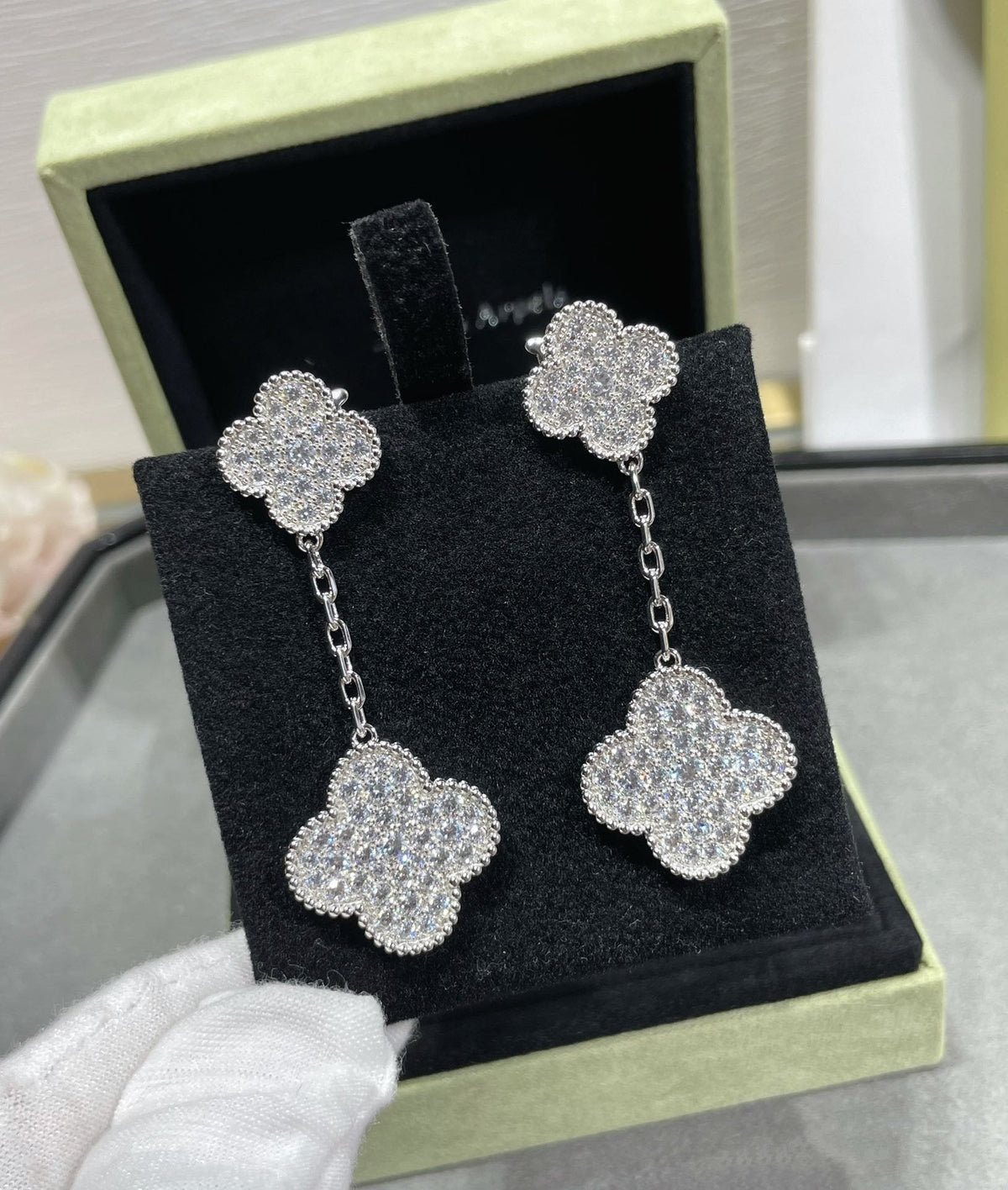 [Rani Jewelry]CLOVER 2 MOTIFS DIAMOND PAVED SILVER EARRINGS