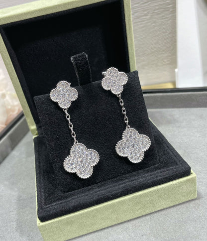 [Rani Jewelry]CLOVER 2 MOTIFS DIAMOND PAVED SILVER EARRINGS