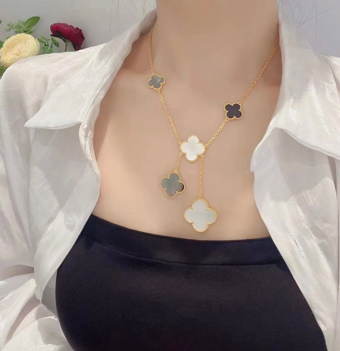 [Rani Jewelry]CLOVER 6 MOTIF MOP ONYX GOLD NECKLACE