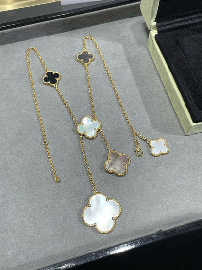[Rani Jewelry]CLOVER 6 MOTIF MOP ONYX GOLD NECKLACE