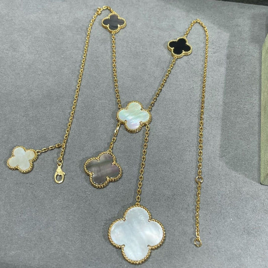 [Rani Jewelry]CLOVER 6 MOTIF MOP ONYX GOLD NECKLACE